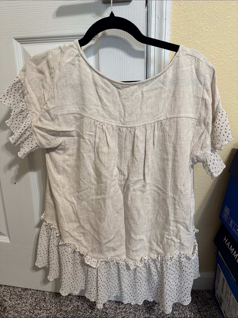 Umgee Cream Ruffle Hem Short Sleeve Blouse with Dot Chiffon - Picture 2 of 3